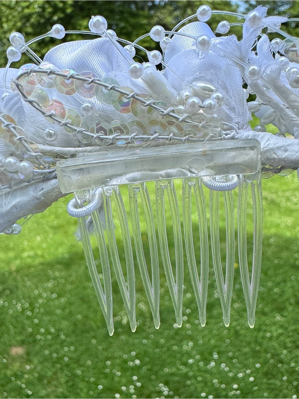 Vintage 80s 90s Bridal Veil Pearl Floral Halo Headpiece Two Tier Wedding 34.5” - Picture 5 of 14
